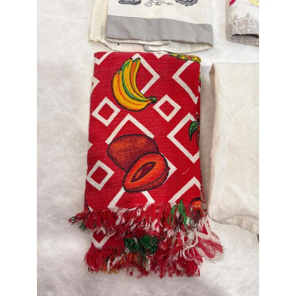 Vintage Kitchen Towel Lot of 4 Seahorse Dutch Fruit Embroidered Cotton Linen